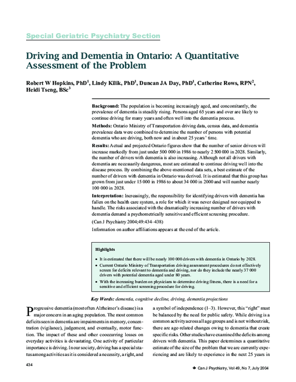 (PDF) Driving and Dementia in Ontario: A Quantitative Assessment of the ...