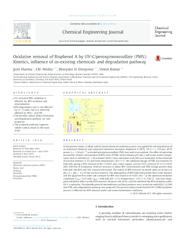(PDF) Oxidative removal of Bisphenol A by UV-C/peroxymonosulfate (PMS ...
