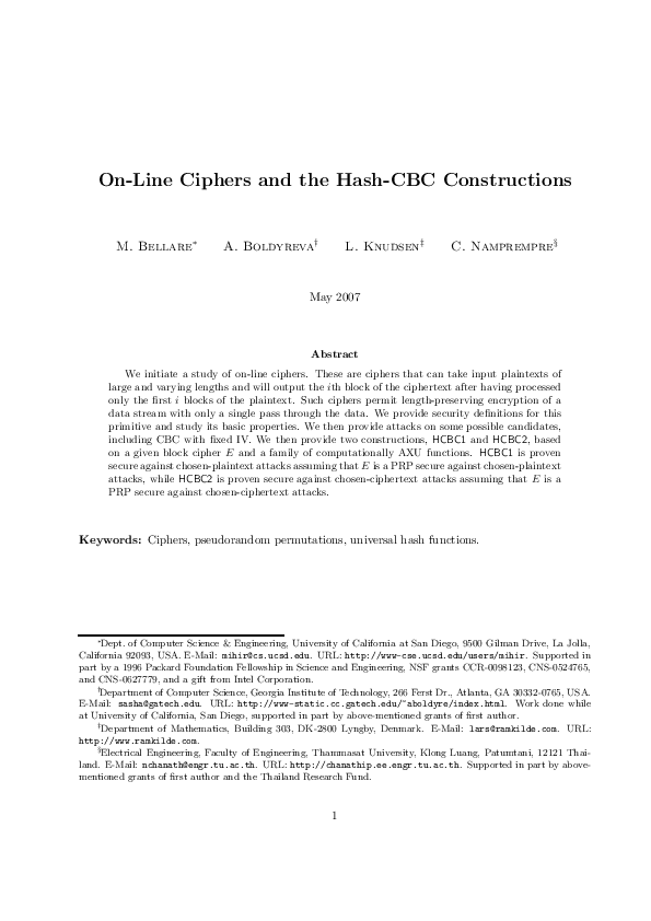 (PDF) On-line Ciphers and the Hash-CBC Constructions
