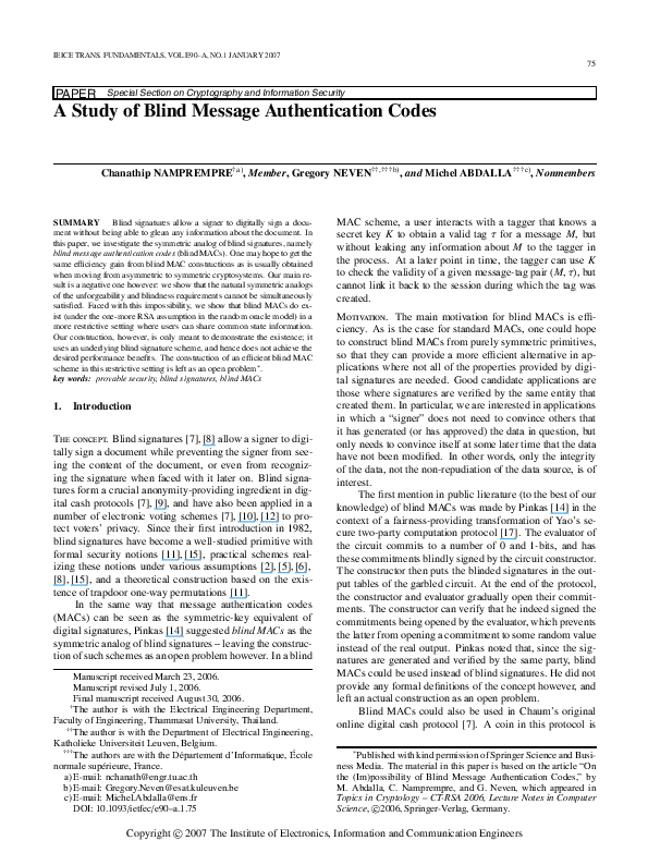(PDF) A Study of Blind Message Authentication Codes