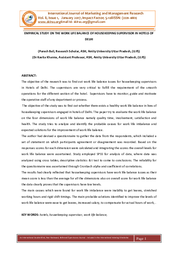 (PDF) EMPIRICAL STUDY ON THE WORK LIFE BALANCE OF HOUSEKEEPING ...