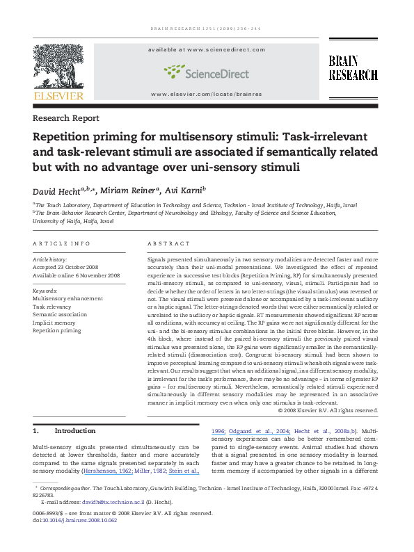 (PDF) Repetition priming for multisensory stimuli: Task-irrelevant and ...