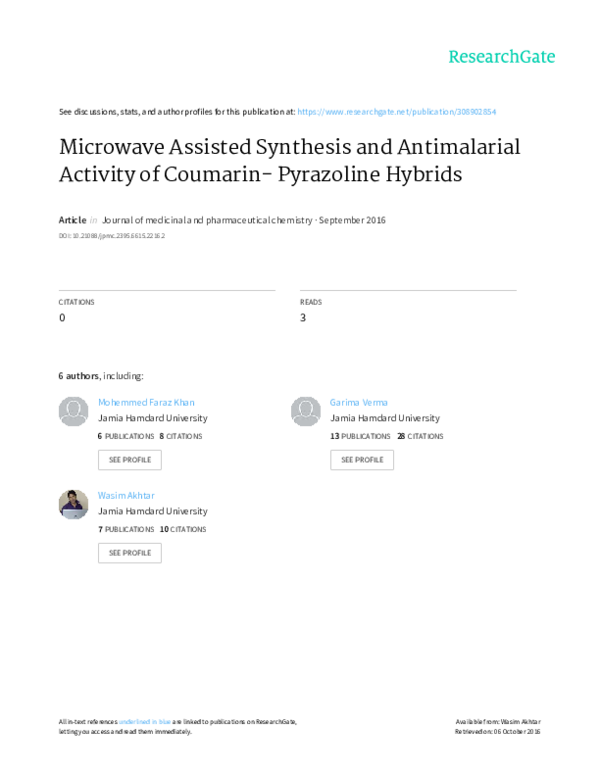 (PDF) Microwave Assisted Synthesis and Antimalarial Activity of ...