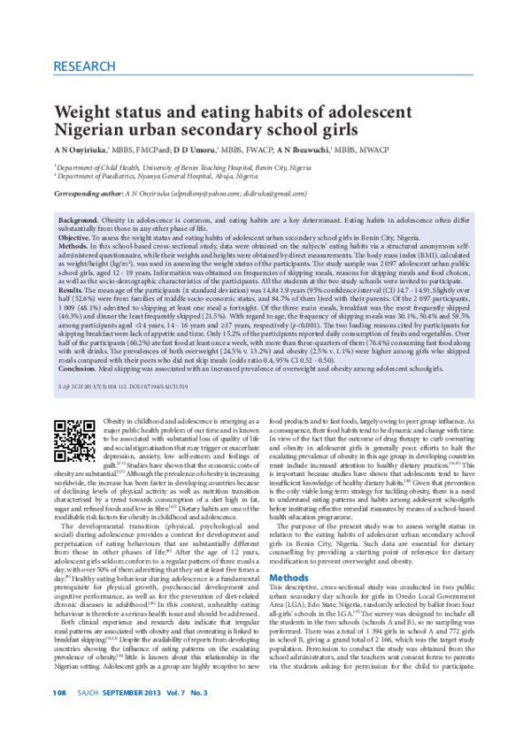 (PDF) Weight status and eating habits of adolescent Nigerian urban ...