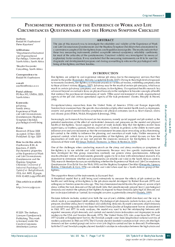 (PDF) Psychometric properties of the Experience of Work and Life ...