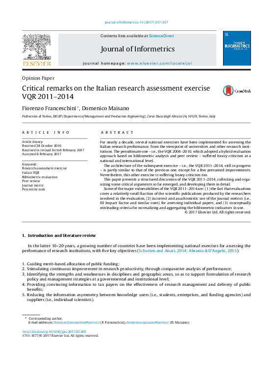 (PDF) Critical remarks on the Italian research assessment exercise VQR ...