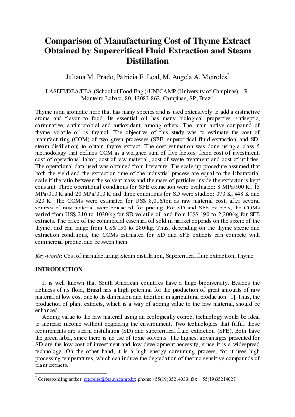 (PDF) Comparison of Manufacturing Cost of Thyme Extract Obtained by