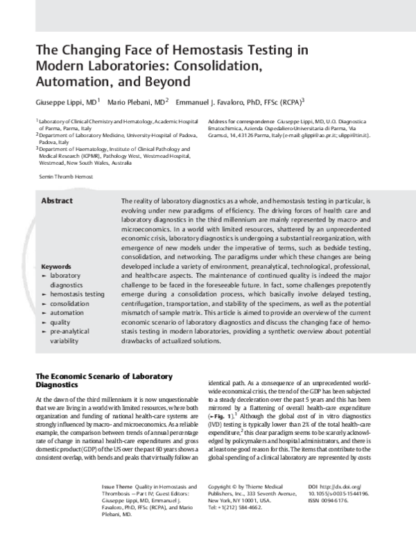 (PDF) The Changing Face of Hemostasis Testing in Modern Laboratories ...