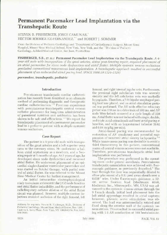 (PDF) Permanent Pacemaker Lead Implantation via the Transhepatic Route
