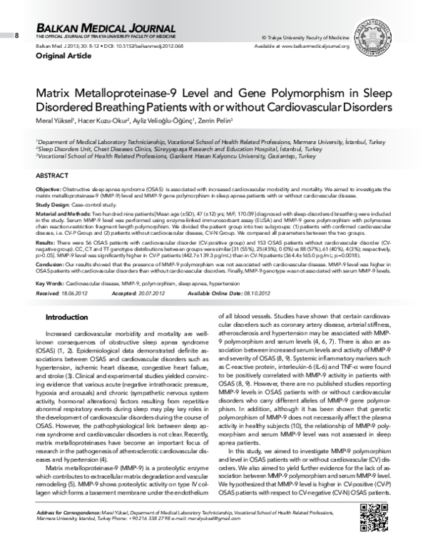 (PDF) Matrix Metalloproteinase-9 Level and Gene Polymorphism in Sleep ...