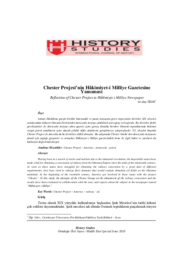(PDF) Sevilay ÖZER Chester Projesi'nin Hâkimiyeti Milliye Gazetesine