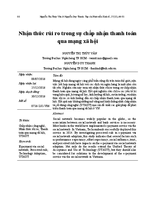 First page of “Nhận thức rủi ro trong sự chấp nhận thanh toán qua mạng xã hội”