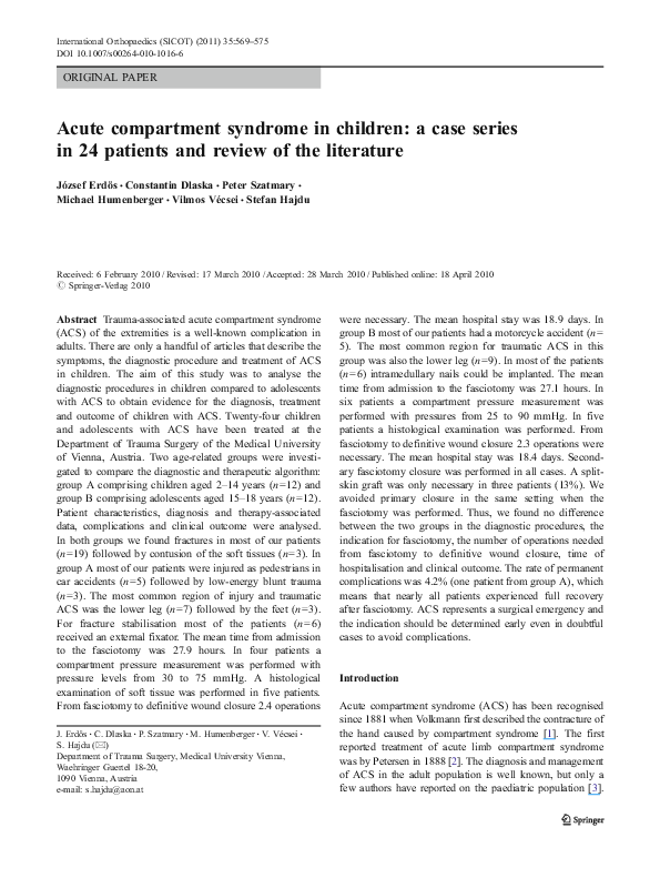 (PDF) Acute compartment syndrome in children a case series in 24
