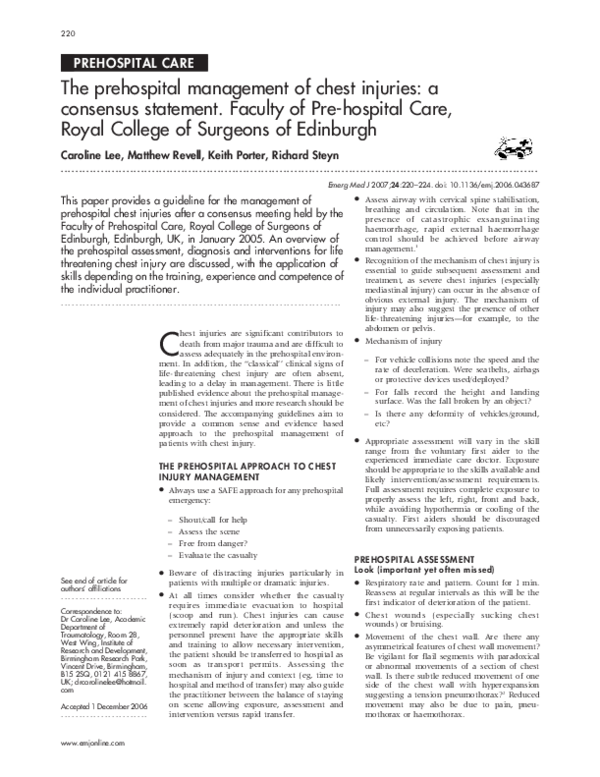 (PDF) The prehospital management of chest injuries a consensus