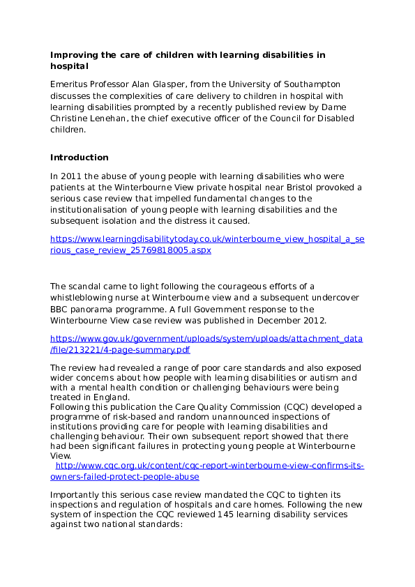 (DOC) Improving the care of children with learning disabilities in hospital