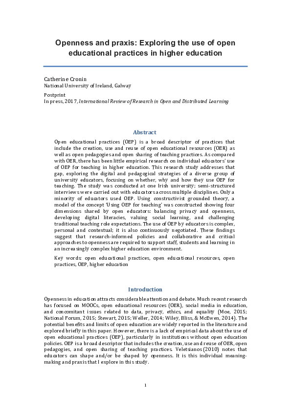 Openness and praxis: Exploring the use of open educational practices in higher education