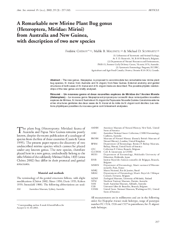 (PDF) A Remarkable new Mirine Plant Bug genus (Heteroptera, Miridae