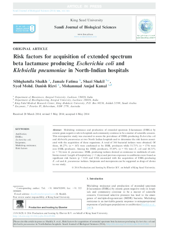 (PDF) Risk factors for acquisition of extended spectrum beta lactamase ...