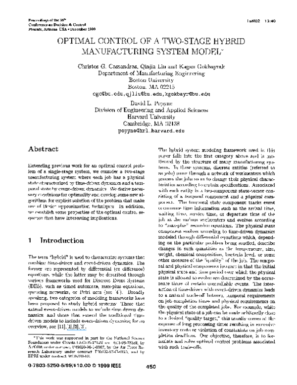 (PDF) Optimal control of a two-stage hybrid manufacturing system model