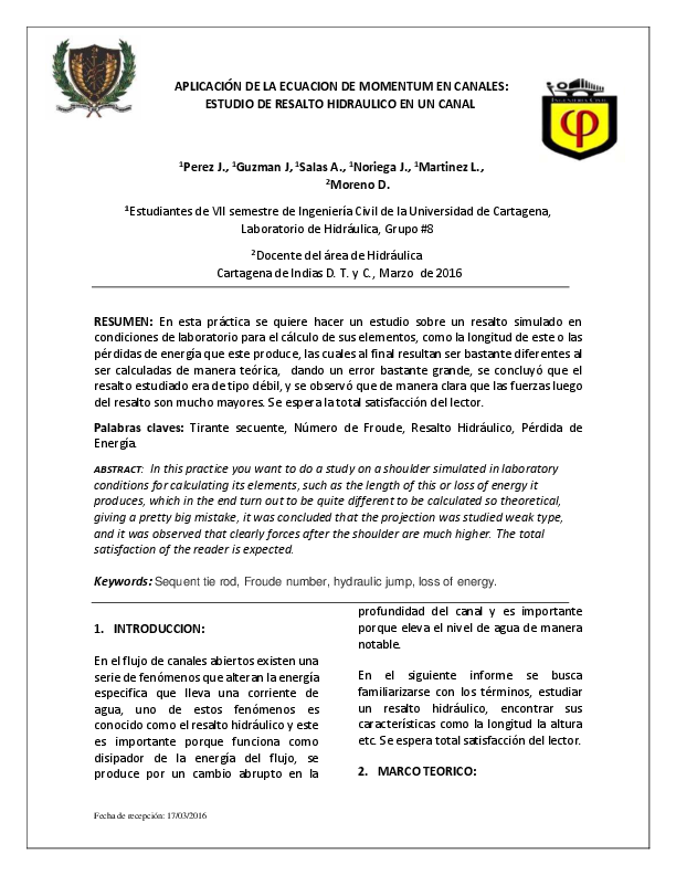 Pdf Aplicacion De La Ecuacion De Momentum En Canales Estudio De
