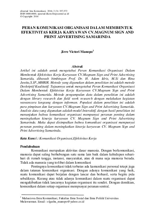 Pdf Peran Komunikasi Organisasi Dalam Membentuk Efektivitas Kerja Karyawan Cv Magnum Sign And Print Advertising Samarinda Anissa Tinnupus Academia Edu