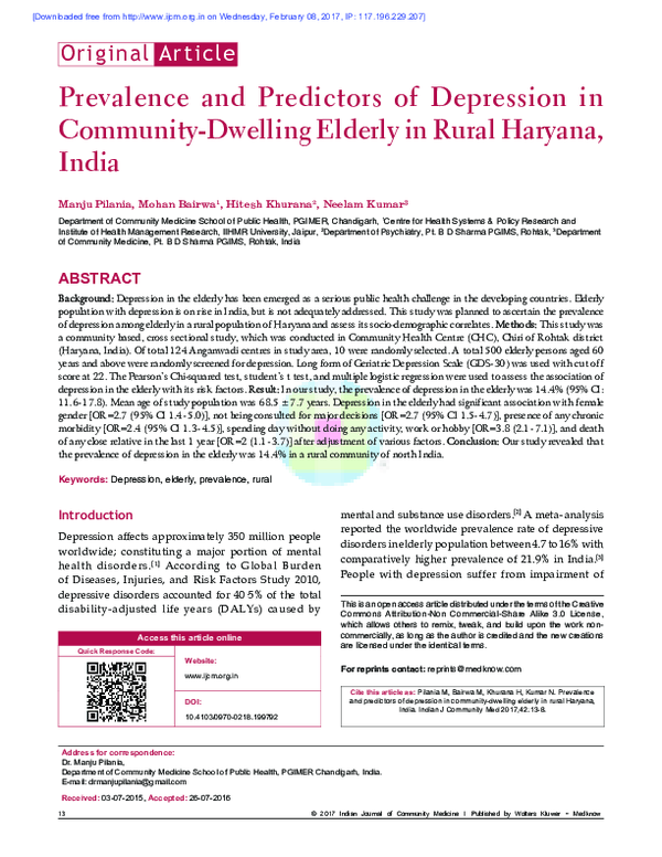 (PDF) Prevalence and Predictors of Depression in Community-Dwelling ...