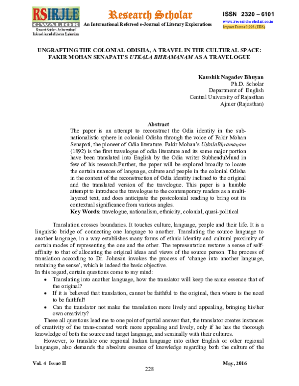 (PDF) UNGRAFTING THE COLONIAL ODISHA, A TRAVEL IN THE CULTURAL SPACE