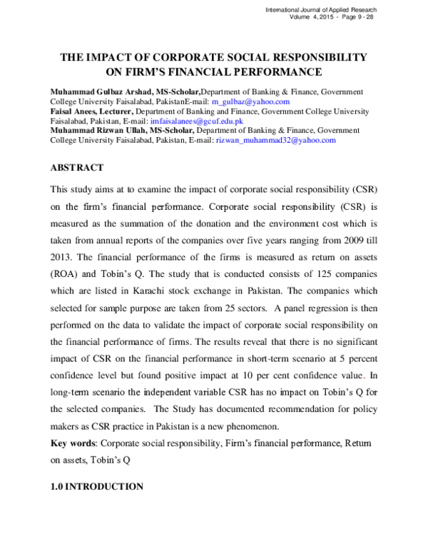 (PDF) THE IMPACT OF CORPORATE SOCIAL RESPONSIBILITY ON FIRM'S FINANCIAL ...