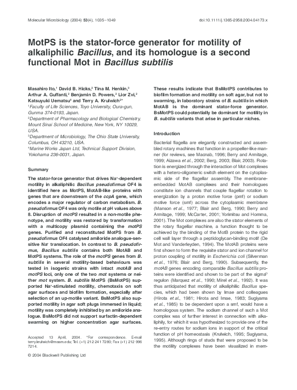 (PDF) MotPS is the stator-force generator for motility of alkaliphilic ...