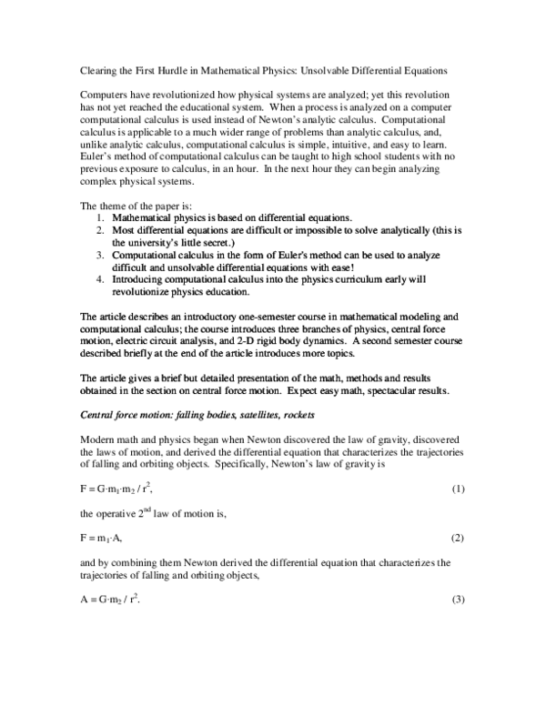 (PDF) Clearing the First Hurdle in Mathematical Physics Unsolvable