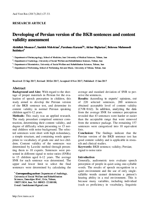 (PDF) Developing of Persian Version of the BKB Sentences and Content ...