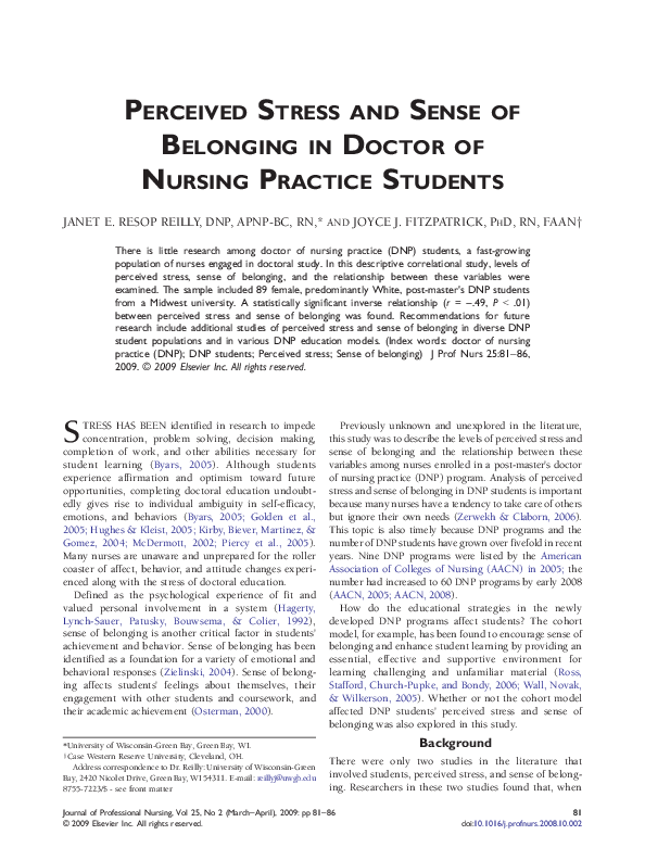 (PDF) Perceived Stress and Sense of Belonging in Doctor of Nursing ...