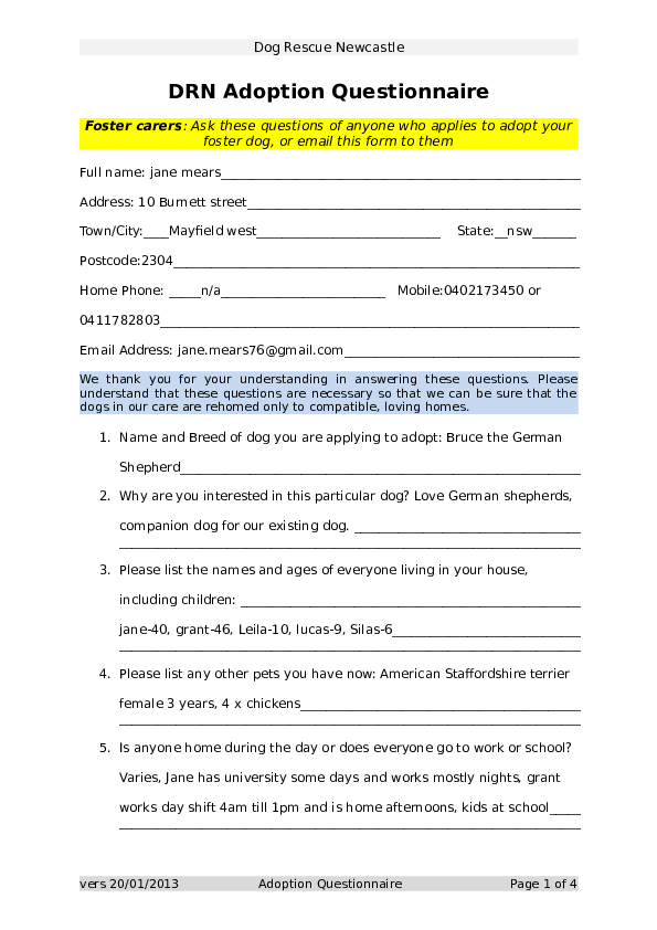 Pet Adoption Questionnaire Anna Blog