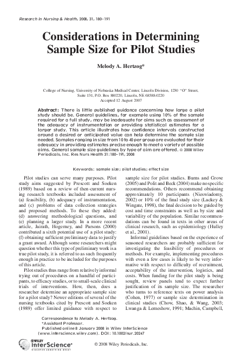 (PDF) Considerations in Determining Sample Size for Pilot Studies