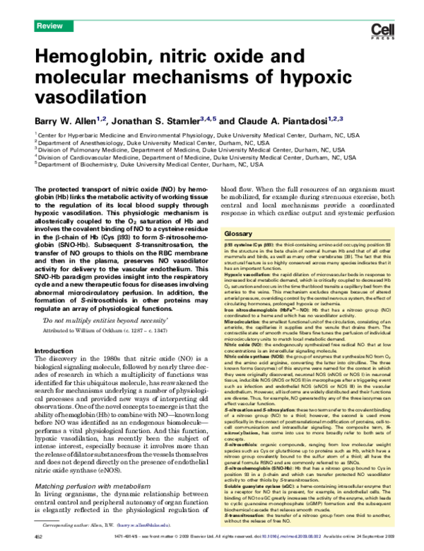 (PDF) Hemoglobin, nitric oxide and molecular mechanisms of hypoxic vasodilation Barry Allen