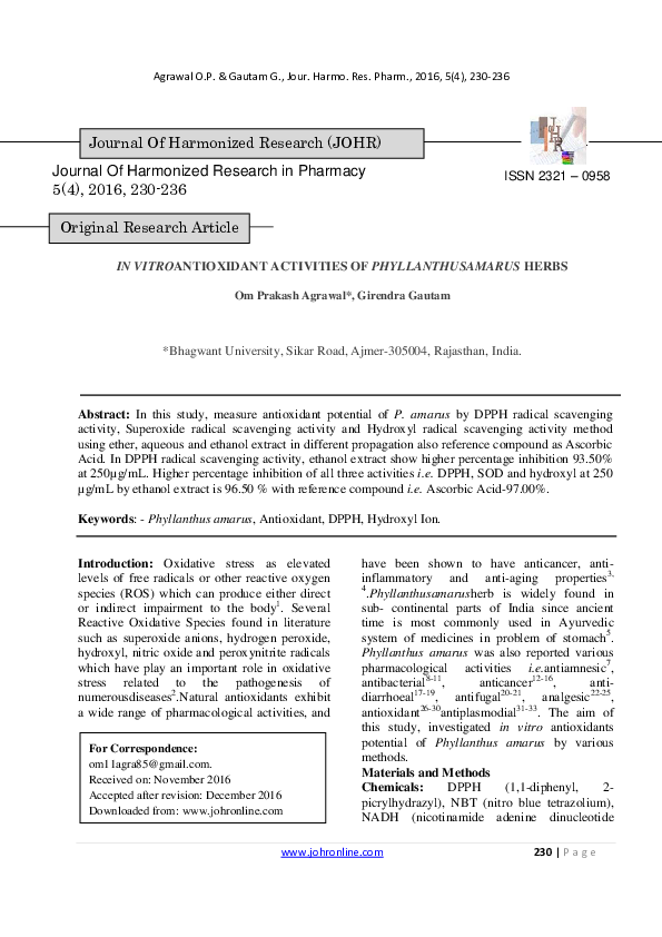 (PDF) IN VITRO ANTIOXIDANT ACTIVITIES OF PHYLLANTHUSAMARUS HERBS