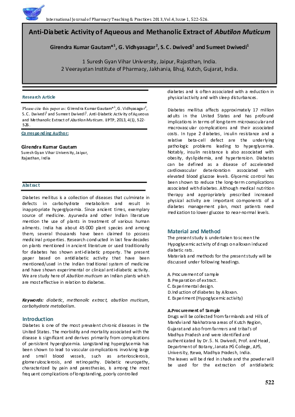 (PDF) Anti-Diabetic Activity of Aqueous and Methanolic Extract of ...