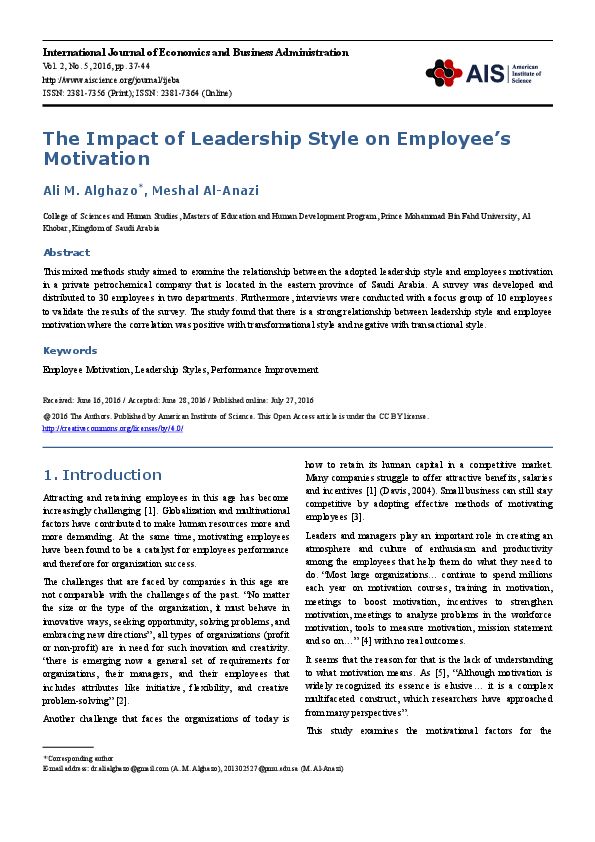 (PDF) The Impact of Leadership Style on Employee's Motivation