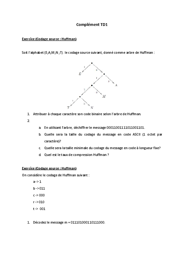 Pdf Complement Td1 Exercice Codage Source Huffman Khalil Kraidi Academia Edu