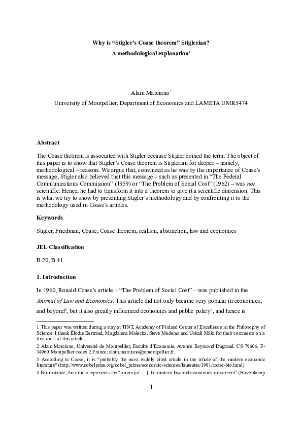 (PDF) Why is " Stigler's Coase theorem " Stiglerian? A methodological explanation Alain
