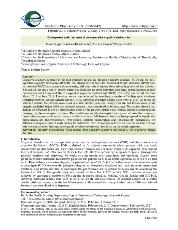 (PDF) Pathogenesis and treatment of post-operative cognitive dysfunction