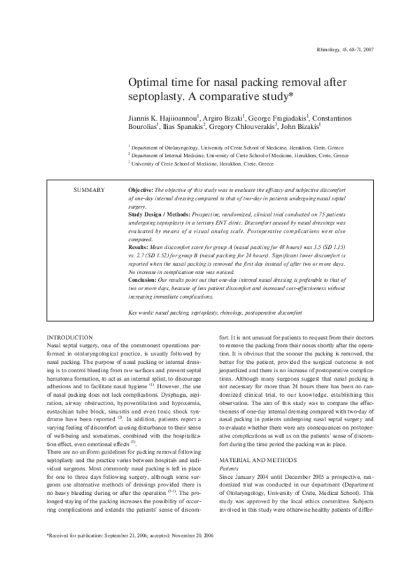 (PDF) Optimal time for nasal packing removal after septoplasty. A