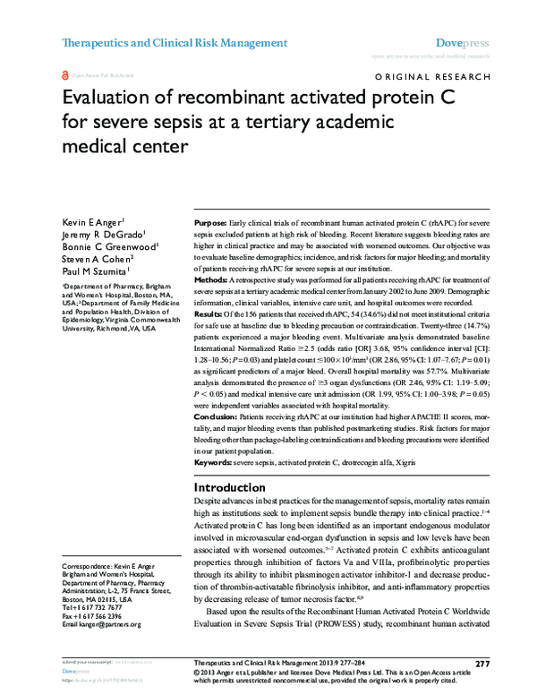 (PDF) Evaluation of activated protein C for severe sepsis
