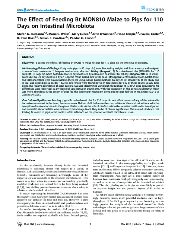 (PDF) The Effect of Feeding Bt MON810 Maize to Pigs for 110 Days on ...