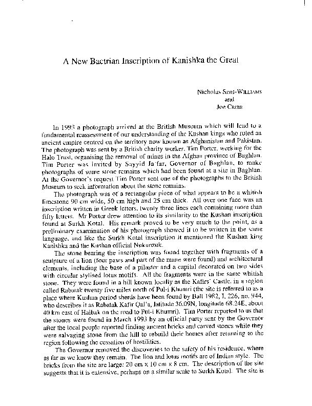 (PDF) A new Bactrian inscription of Kanishka the Great, in Silk Road ...