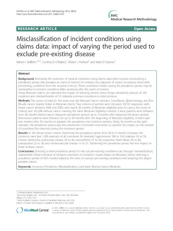 (PDF) Misclassification of incident conditions using claims data ...