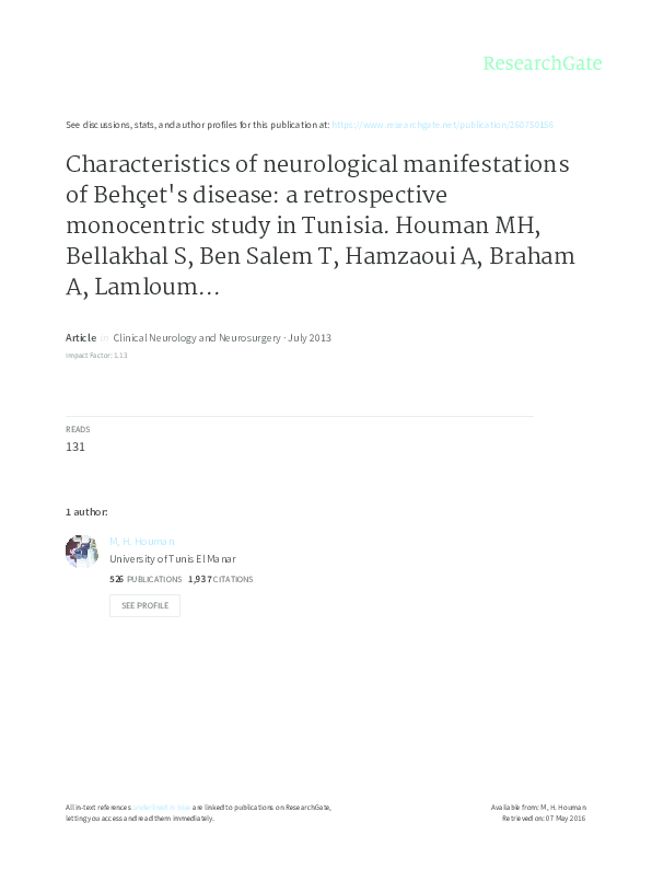 (PDF) Characteristics of neurological manifestations of Behçet's ...