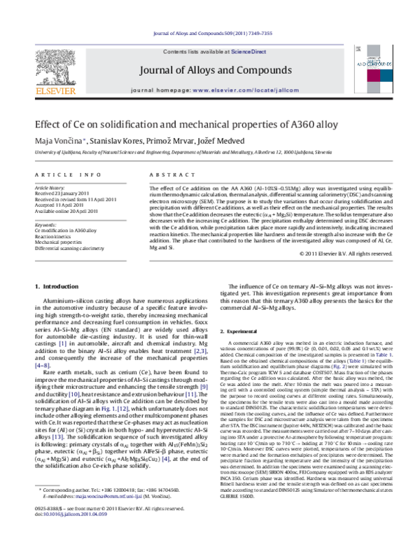 (PDF) Effect of Ce on solidification and mechanical properties of A360 ...