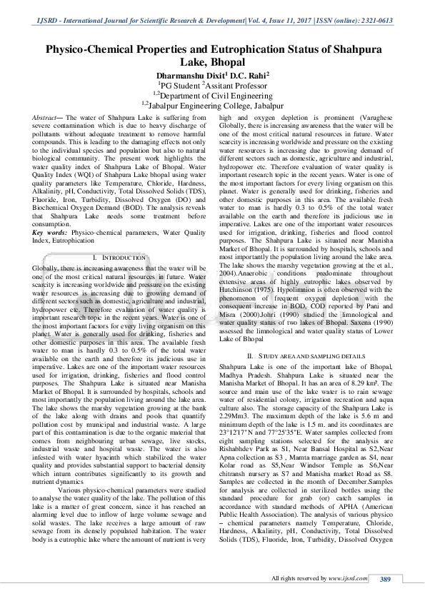 (PDF) PhysicoChemical Properties and Eutrophication Status of Shahpura