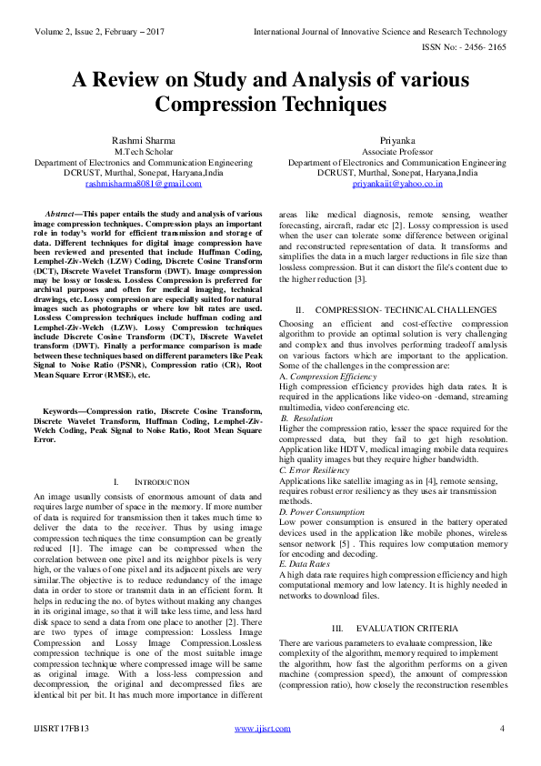 (PDF) A Review on Study and Analysis of various Compression Techniques